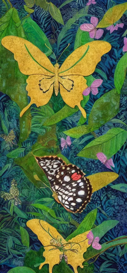 Prompt: butterfly in the lichen rainforest. gouache and gold leaf work by the award - winning mangaka, bloom, chiaroscuro, backlighting, depth of field.