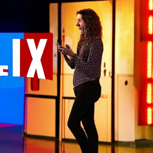 Image similar to film still of netflix comedy special. 3 8 - year - old, short height, good - looking, standup comedian, skateboarder style, pale complexion, female, irish and italian and jewish descent, fit, on stage, laughing, telling jokes