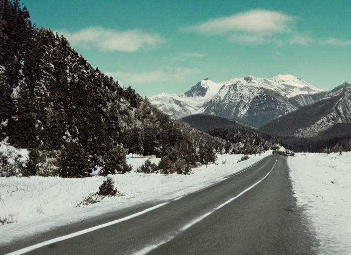 Image similar to A very high resolution image from a new movie, landscape from a car window , mountains, snowy, snowy mountains, Polaroid, directed by wes anderson