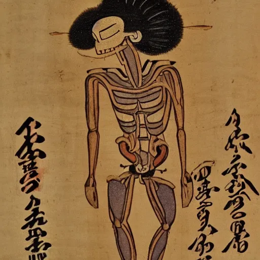 Image similar to an ancient papyrus depicting a japanese yokai's anatomy and information