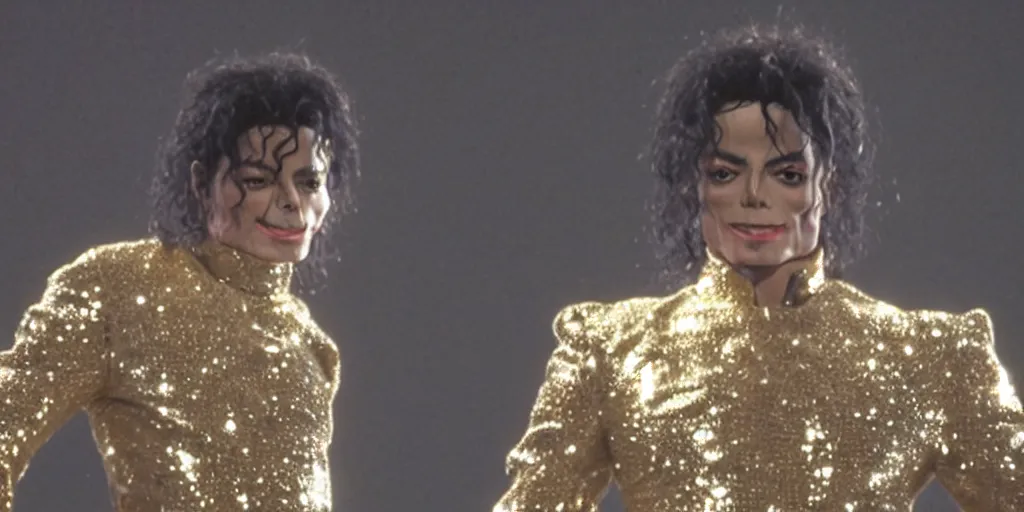 Image similar to Michael Jackson standing alone in a shiny reflective, gold and silver outfit at a concert in the year 1996 ultra realistic, 4K, movie still, UHD, sharp, detailed, cinematic, render, modern
