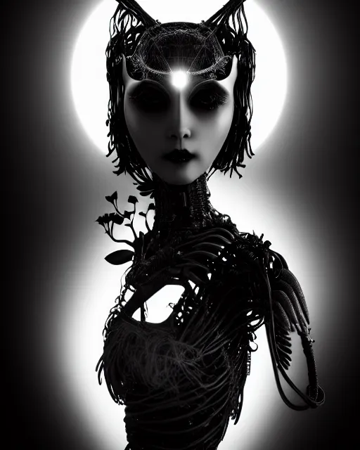 Image similar to surreal mythical dreamy dark artistic black and white fine art 3 / 4 fashion portrait photo of a young beautiful delicate female robot - witch - owl with orchid - doll face, rim light, cinematic, studio dramatic light, poetic, masterpiece, octane render, 8 k, photo - realistic by gustave dore hg giger