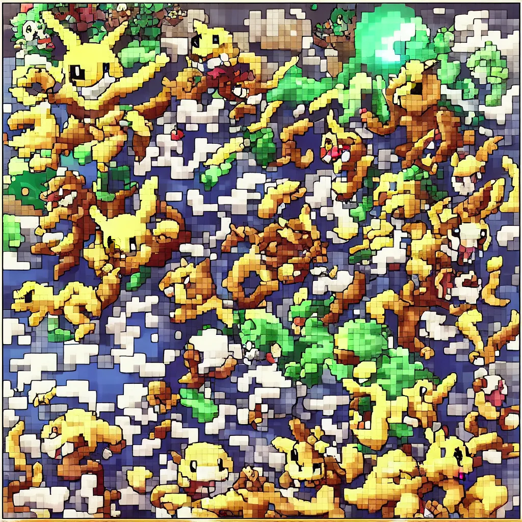 Image similar to pixelated pokemon monster inspired by ragnarok online, 1 2 8 bit, 1 0 0 0 x 1 0 0 0 pixel art, 4 k, super detailed, nintendo game, pixelart, high quality, no blur, sharp geometrical squares, concept pixelart