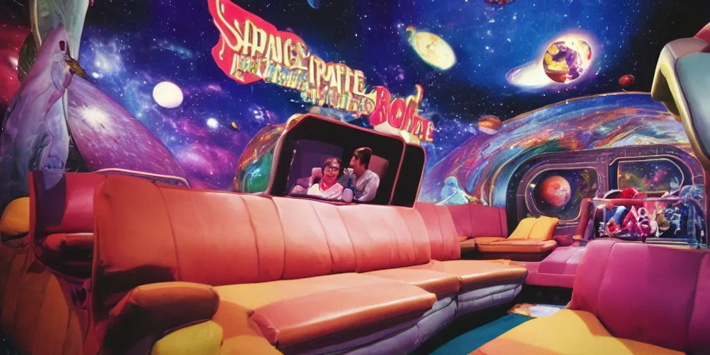 Image similar to 1990s photo of inside the Space Sofa ride at Universal Studios in Orlando, Florida, riding the flying sofa through space , cinematic, UHD