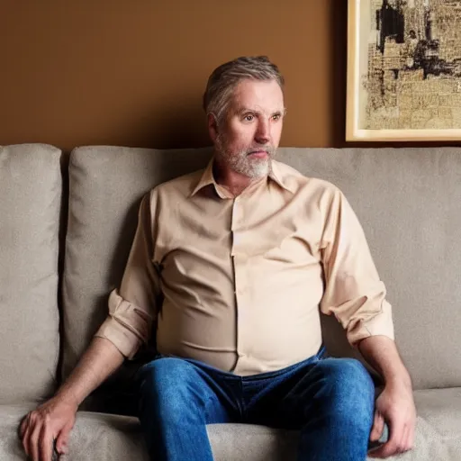 Image similar to full body photo of steve, mature male, mysterious face. he is sitting gracefully on a sofa, elegant slim beige shirt, tight shirt, big pumped belly