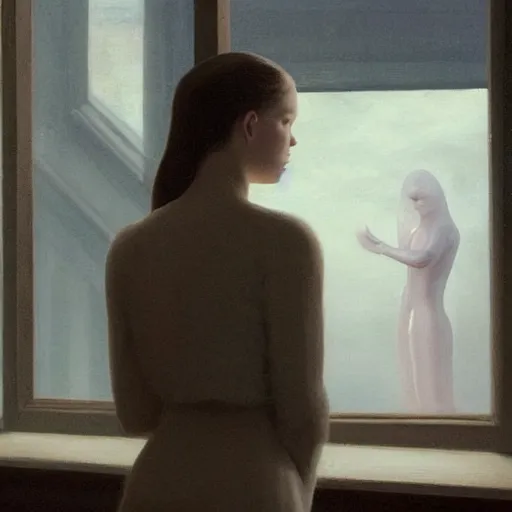 Prompt: Elle Fanning holding hands with a ghost in the world of Edward Hopper, stormy weather, extremely detailed masterpiece, oil on canvas, low-key neon lighting, artstation, Blade Runner 2049, Roger Deakin’s cinematography, by J. C. Leyendecker and Peter Paul Rubens,
