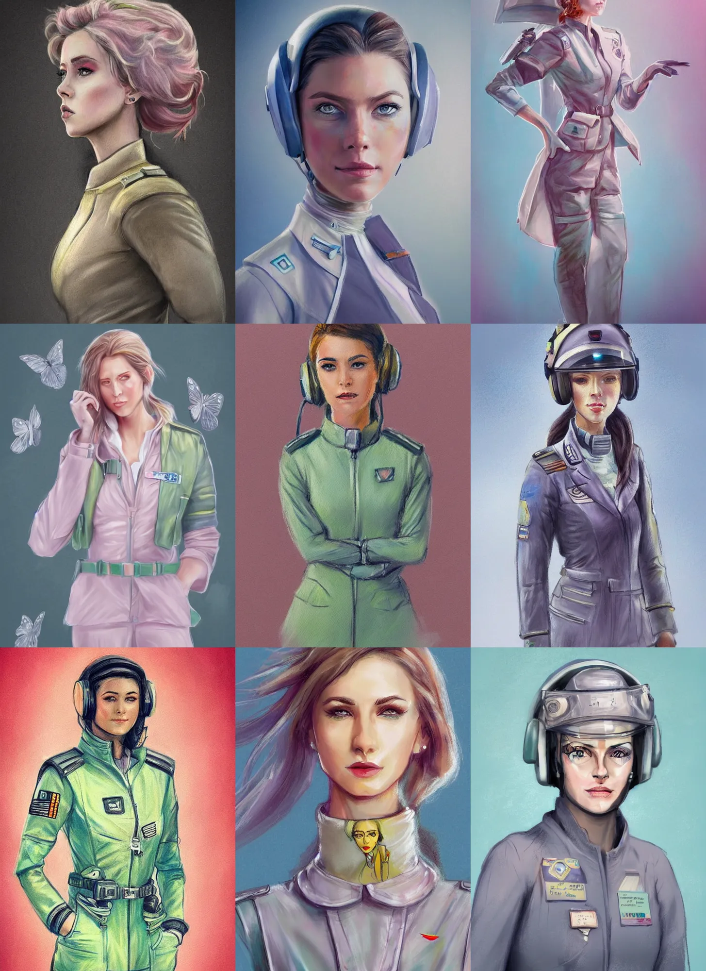 Prompt: beautiful full body concept art, beautiful pastel paint illustration of a beautiful female pilot with beautiful face and eyes wearing intricate clothing