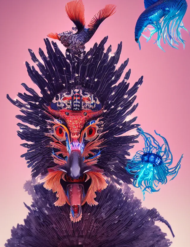 Image similar to 3 d shaman portrait. beautiful intricately detailed japanese crow kitsune mask and clasical japanese kimono. betta fish, jellyfish phoenix, bio luminescent, plasma, ice, water, wind, creature, artwork by tooth wu and wlop and beeple and greg rutkowski