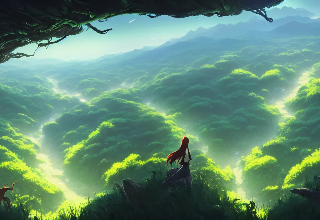 Prompt: high view of the background of a forest that has an endless pit in the bottom of the image, visible brush strokes, forest, dynamic lighting, aesthetics, smooth, d & d, fantasy, asymmetrical, elegant, matte painting, by makoto shinkai borderlands and by feng zhu rossdraws, fan art, cartoon style