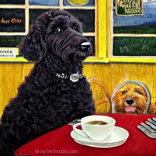 Image similar to Black Goldendoodle with a bright face and a puppy sitting at a diner drinking a cup of coffee, looking melancholy, Norman Rockwell style