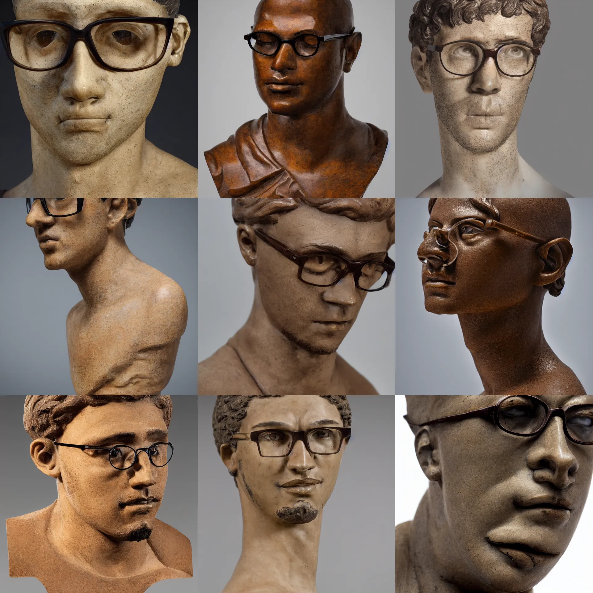Prompt: 3 / 4 view marble bust of a latino skinny young man, brown skin, wavy short hair, goatee, sad looking eyes, wearing glasses, straight nose, close up, light brown background, dramatic lighting