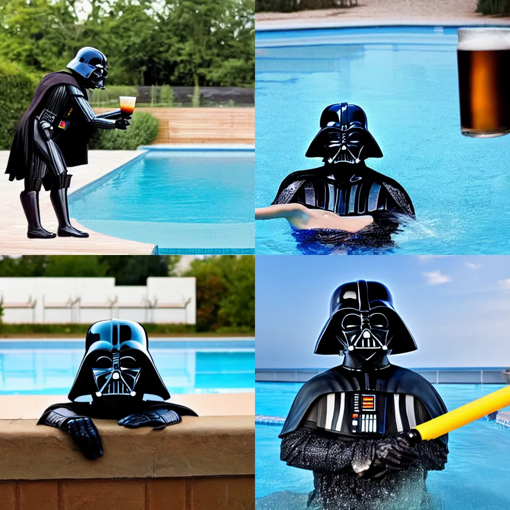 Prompt: darth vader sitting on the edge of a swimming pool with his feet in the water, holding a beer can, cheeky smile