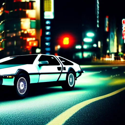 Prompt: a car Delorean in middle of road, shibuya prefecture, night city, cinematic color, photorealistic, highly detailed