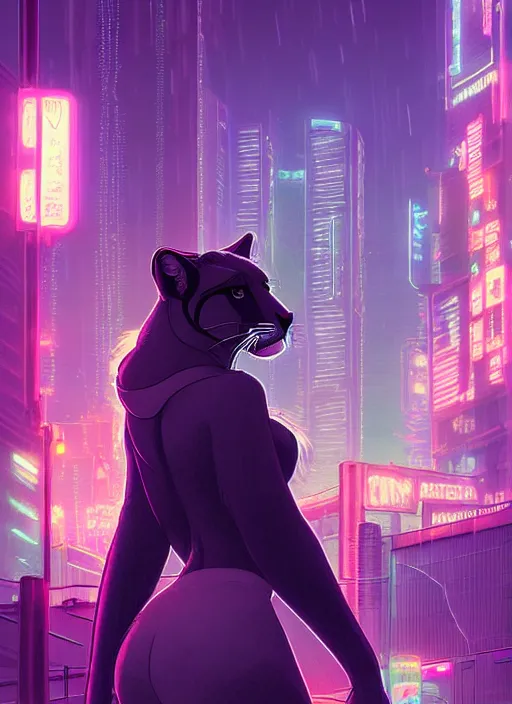 Image similar to beautiful portrait commission of a female furry anthro mountain lion wearing casual clothes. Cyberpunk city at night in the rain. Neon light. Atmospheric. Character design by charlie bowater, ross tran, artgerm, and makoto shinkai, detailed, inked, western comic book art