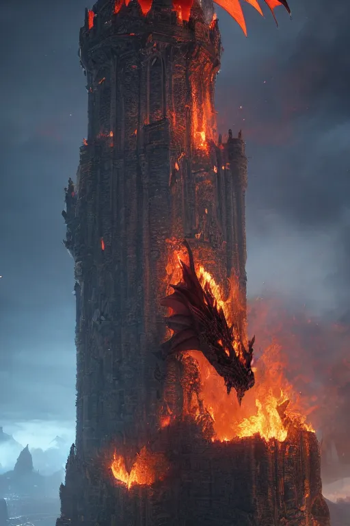 Image similar to a dragon burning the tower, 3 d model, unreal engine 5, sharp focus, detailed matted painting, 4 k, epic lighting, artstation, by antoine di lorenzo