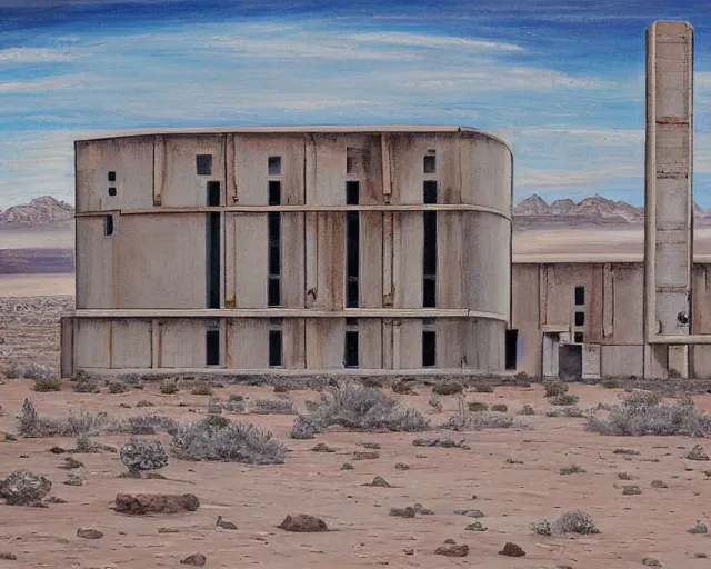 Prompt: a highly detailed painting by emilie buggs of a mysterious government science lab in the middle of the great basin desert. it was built to research super powers and has sat abandoned since the mid - 1 9 7 0 s. brutalist architecture.