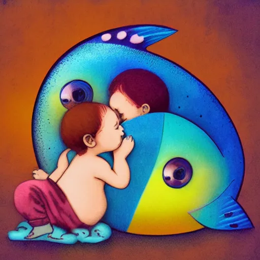 Image similar to the same style. the most beautiful little fat sweet girl is kissing a huge colorful cute fish. modern etching. colored print. hype realistic scene. old photography style. studio lighting. window. 3 d, octane render, deep focus, zbrush