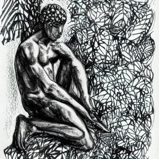 Image similar to The Thinker Sculpture covered in vibes and other plants, sitting in a dense luscious forest, B&W ink sketch, Naturalist notebook