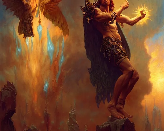 Image similar to attractive male deity, casting demonic magic, summoning handsome lucifer morning star. highly detailed painting by gaston bussiere, craig mullins, j. c. leyendecker 8 k