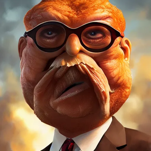 Image similar to bill barr fried chicken hybrid, bill barr anthropomorphic transformation, realistic face, greg rutkowski, artgerm, digital art,