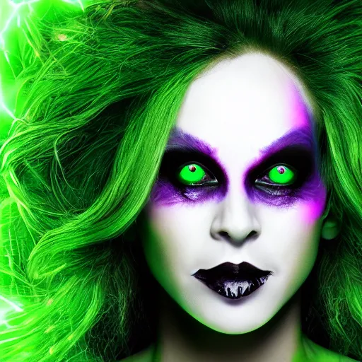 Prompt: a portrait photo of a poison themed female villain, glowing green, poison dripping, poison teeth, detailed character design, symmetrical face, purple highlights closed eyes, no eyes,