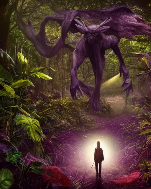 Prompt: a powerful wizard walking towards an ominous creature in a densely overgrown, eerie jungle, fantasy, stopped in time, dreamlike light incidence, ultra realistic