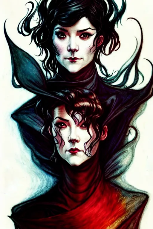 Image similar to style of arthur rackham, artgerm, rafael albuquerque, steve niles : : gorgeous mary elizabeth winstead : : evil sorceress, swirling black magic, black dress : : symmetrical face, symmetrical eyes : : full body pose : : gorgeous red hair : : cinematic lighting : :