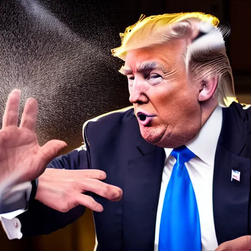 Image similar to donald j. trump spraying brown from his hands, chocolatey spray landing on liberals