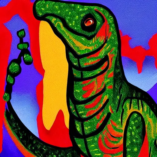 Image similar to “dinosaur singing karaoke detailed trex happy podcast national geographic figure dramatic lighting proportional symmetrical minimalism Edward Cooper Matisse digital art oil painting”