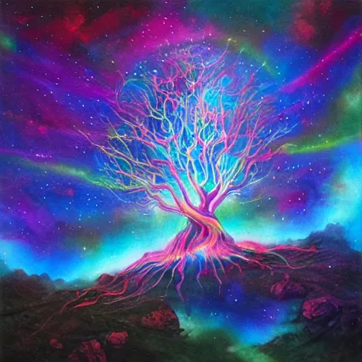 Image similar to the ghost of the world tree radiates rainbow light into the dark cosmos, epic painting