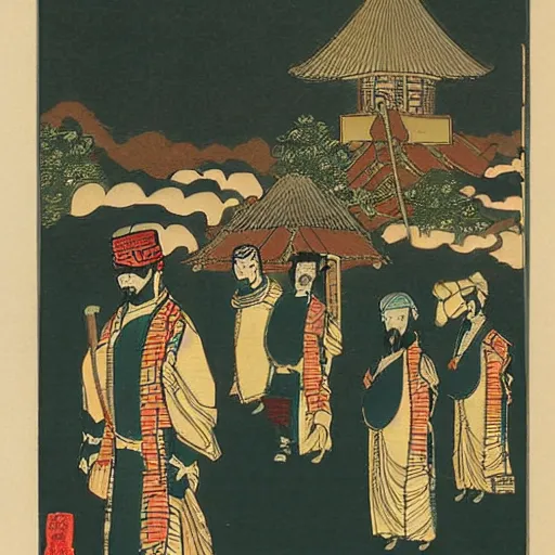 Prompt: late meiji period, colored woodblock print, arabian brigands