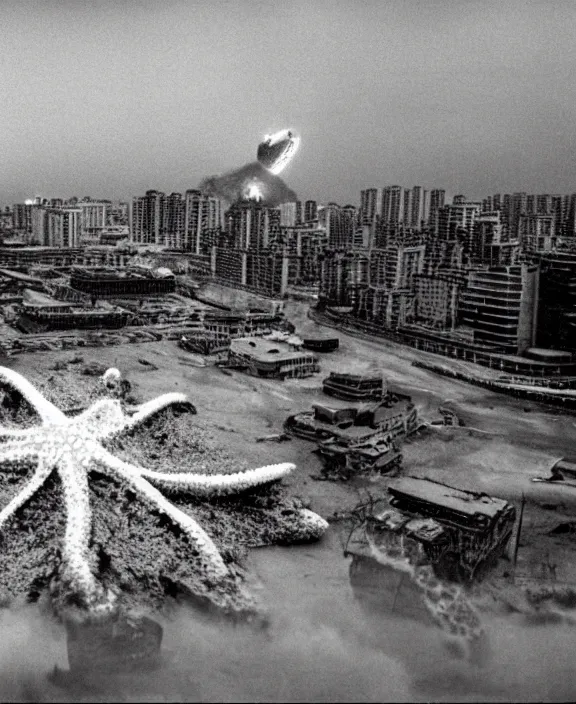 Image similar to Pulgasari the North Korean starfish monster destroying Pyongyang city, volumetric lighting, filmstill, produced by Kim Jong-il, Kodachrome, kaiju-eiga, monster movie, communist propaganda, film noir, 35mm film grain, Cooke Varotal 20-100mm T3.1, in the style of Ishirō Honda and Stanley Kubrick