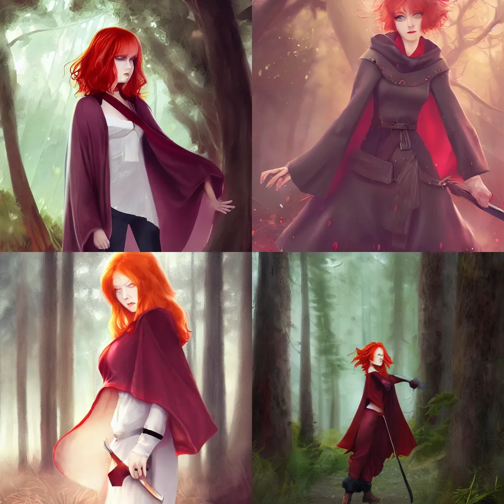 Prompt: A redheaded young woman, angry and frustrated expression, rosy blushing cheeks, cloth tunic and cape, wielding a knife, forest background, fantasy digital art by WLOP, trending on pixiv