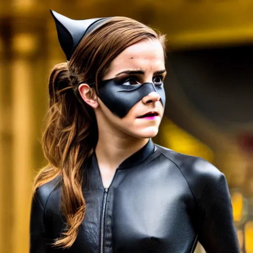 Image similar to Emma Watson as Catwoman, Fujifilm X-T3, 1/1250sec at f/2.8, ISO 160, 84mm, 8K, RAW, symmetrical balance, Dolby Vision