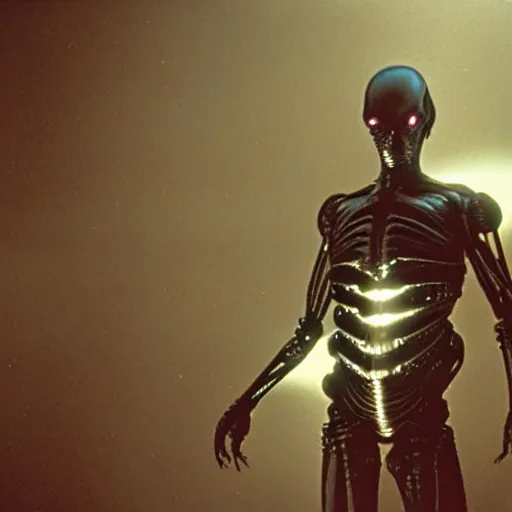 Prompt: movie still of a alien cyborg, cinematic composition, cinematic light, tungsten lighting criterion collection, by hp lovecraft,