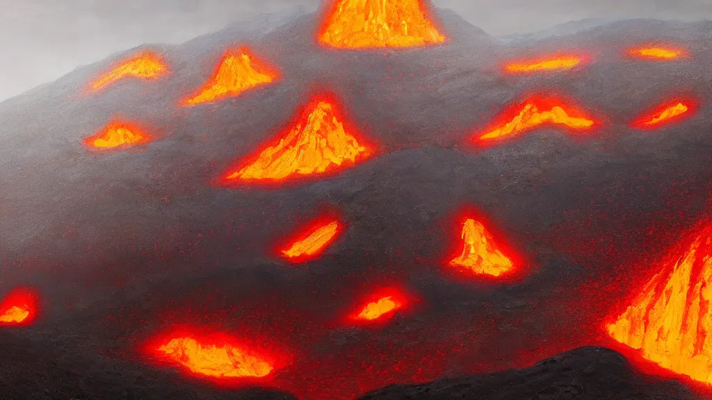 Prompt: Trending on artstation, beautiful volcanic lava landscape, detailed matte painting, oil on canvas