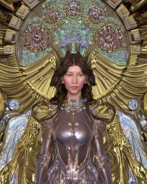 Image similar to a highly detailed metahuman 4 k close up render of a seraphim bella hadid monument renaissance in iris van herpen dress schiaparelli in diamonds crystals swarovski and jewelry iridescent in style of alphonse mucha gustav klimt trending on artstation made in unreal engine 4