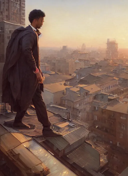 Image similar to A digital painting of a portrait of Donnovan Mitchell alone on a rooftop during Golden Hour. masterpiece 4k digital illustration by Ruan Jia and Mandy Jurgens and Artgerm and greg rutkowski and Alexander Tsaruk and WLOP and william-adolphe bouguereau, marvel comics, dark, intricate, highly detailed, smooth, artstation, digital illustration by Ruan Jia and Mandy Jurgens and Artgerm and Wayne Barlowe and Greg Rutkowski and Frank Frazetta , award winning, Artstation, art nouveau aesthetic, Alphonse Mucha background, intricate details, realistic, panoramic view, Hyperdetailed, 8k resolution, intricate art nouveau