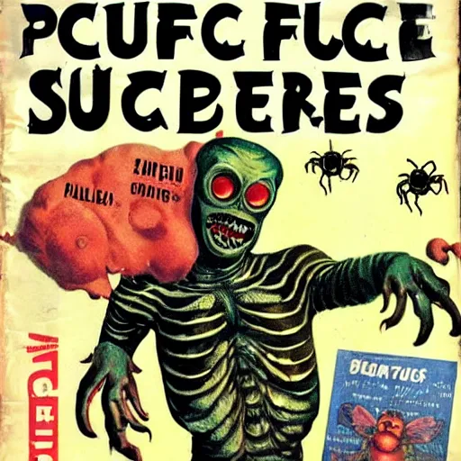 Prompt: cover of pulp science fiction magazine from 1950s showing attack of bug eyed monsters