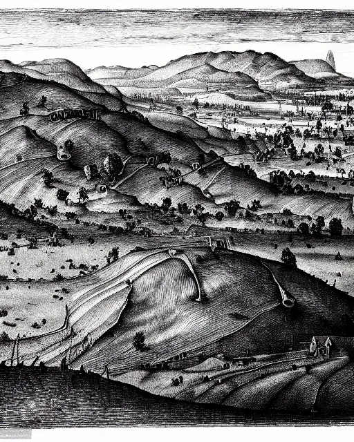 Prompt: landscape of battlefield, hyper realism, fine details, deviantart artstation, extremely detailed, black and white, very sharp, in the style of albrecht durer, etching,