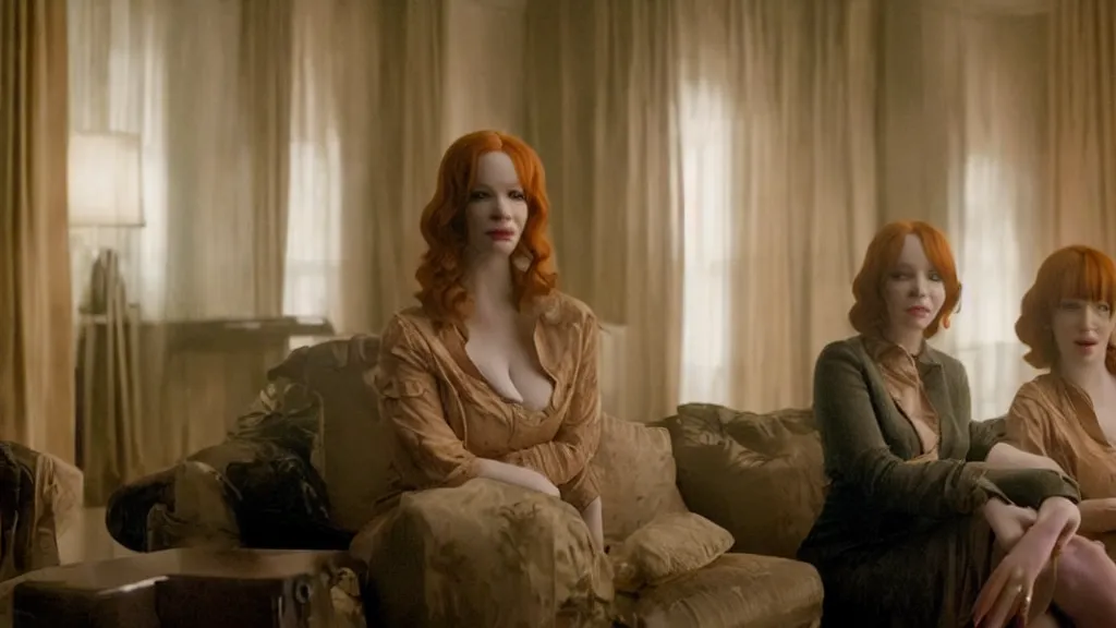 Prompt: a very happy beautiful Christina Hendricks and her twin sister in the living room, film still from the movie directed by Denis Villeneuve with art direction by Salvador Dalí, wide lens