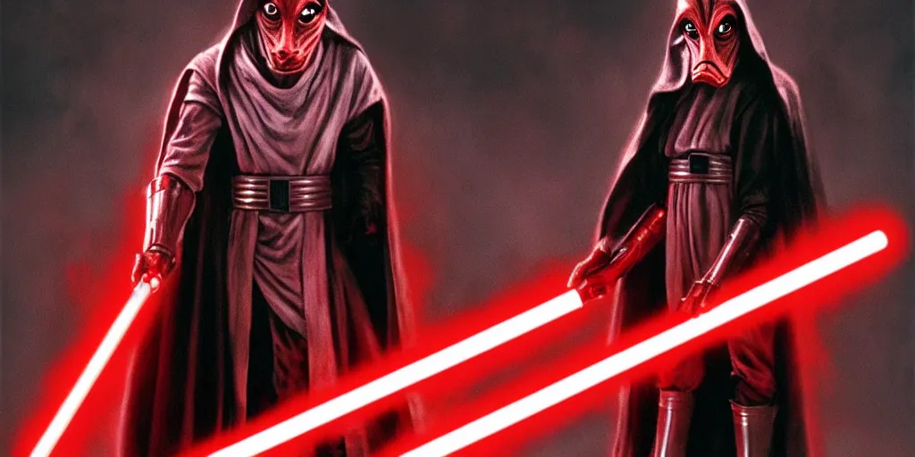 Image similar to jar jar binks as a sith lord, holding a red lightsaber