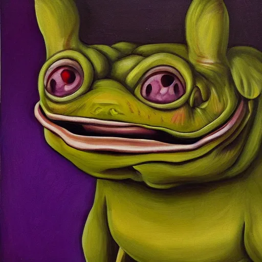 Image similar to Portrait of a psychotic crossbreed between a rabid dog and a toad, in a purple suit, oil painting