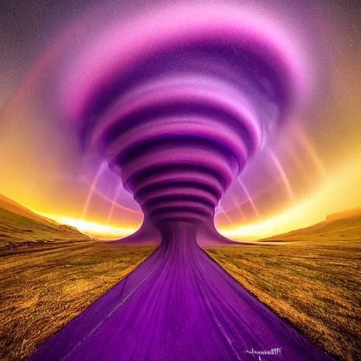 Image similar to amazing landscape photo of a purple tornado in the shape of a funnel by marc adamus, digital art, beautiful dramatic lighting