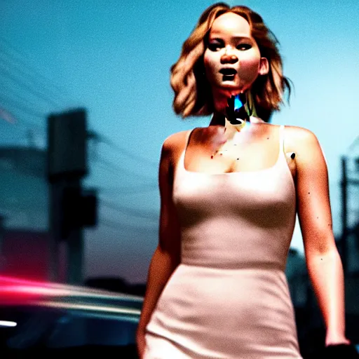 Image similar to cinematic jennifer lawrence standing in the street at night, color photography, sharp detail, confused, still from the movie speed racer