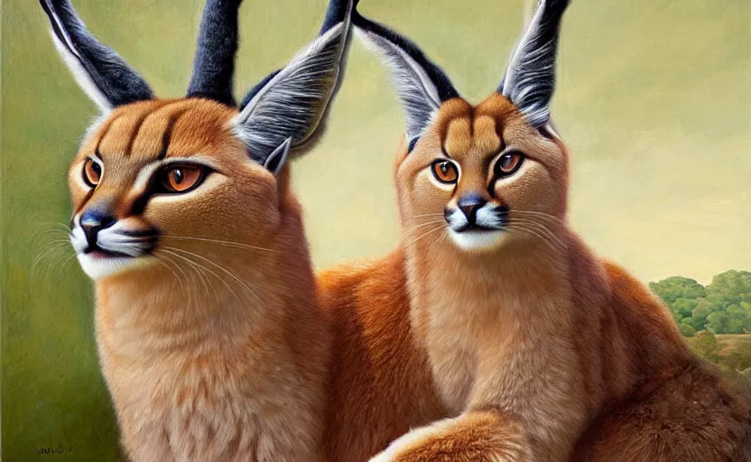 Image similar to fullbody portrait of cute fluffy caracal with laurel wreath on his head, chaplet on head, illustration, high detail, francine van hove