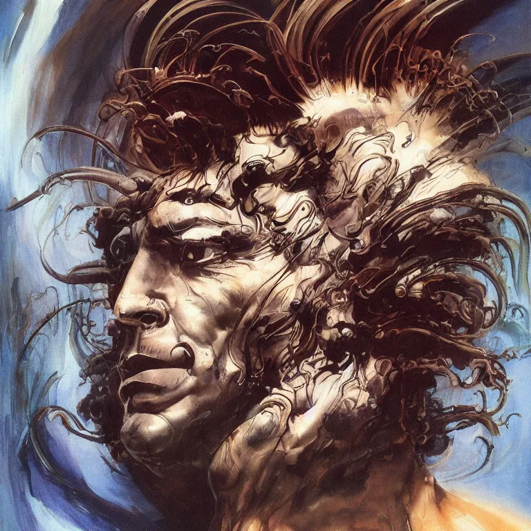 Prompt: rotation 2 0 ° of a portrait of a man with swirling hair and fractal skin by frank frazetta, retrofuturism, psychedelic art reimagined by industrial light and magic