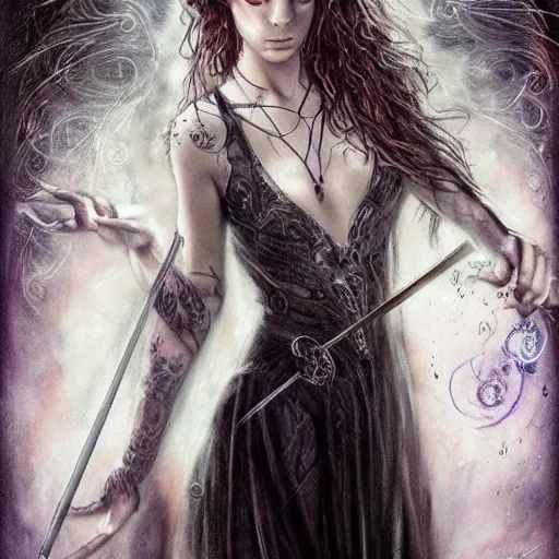 Image similar to dressed Hermione in tattoos conjuring with a magic wand, by luis royo, beautiful gown, beautiful eyes, Beautiful face, by Aggi Erguna, high detail, high resolution, art from harry potter