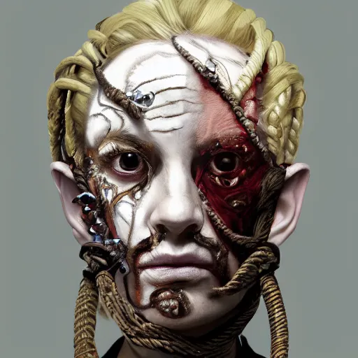 Image similar to portrait of a Shibari rope wrapped face and neck, headshot, insanely nice professional hair style, dramatic hair color, face paint half and half, digital painting, of a old 15th century, old cyborg merchant, amber jewels, baroque, ornate clothing, scifi, realistic, hyperdetailed, chiaroscuro, concept art, art by Franz Hals and Jon Foster and Ayami Kojima and Amano and Karol Bak,