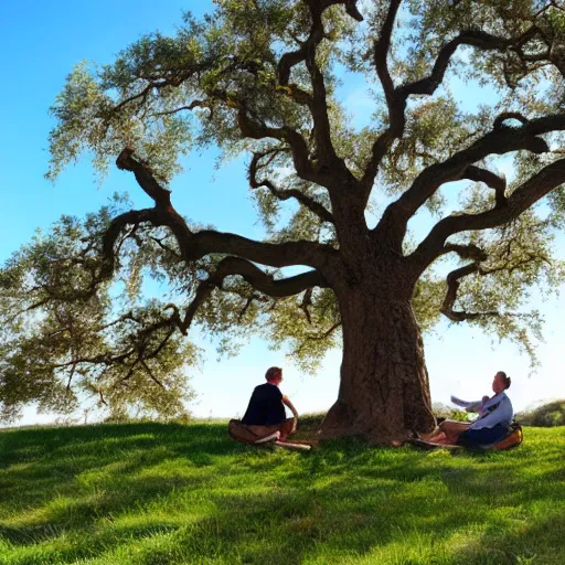 Prompt: 4 men relaxing by an oak tree